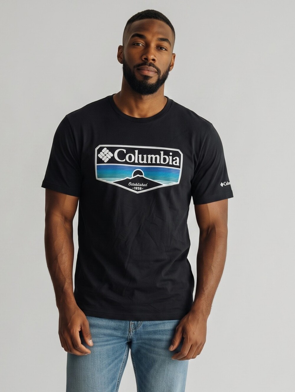 Columbia Black Short-Sleeve Logo Tee with Blue Gradient Graphic